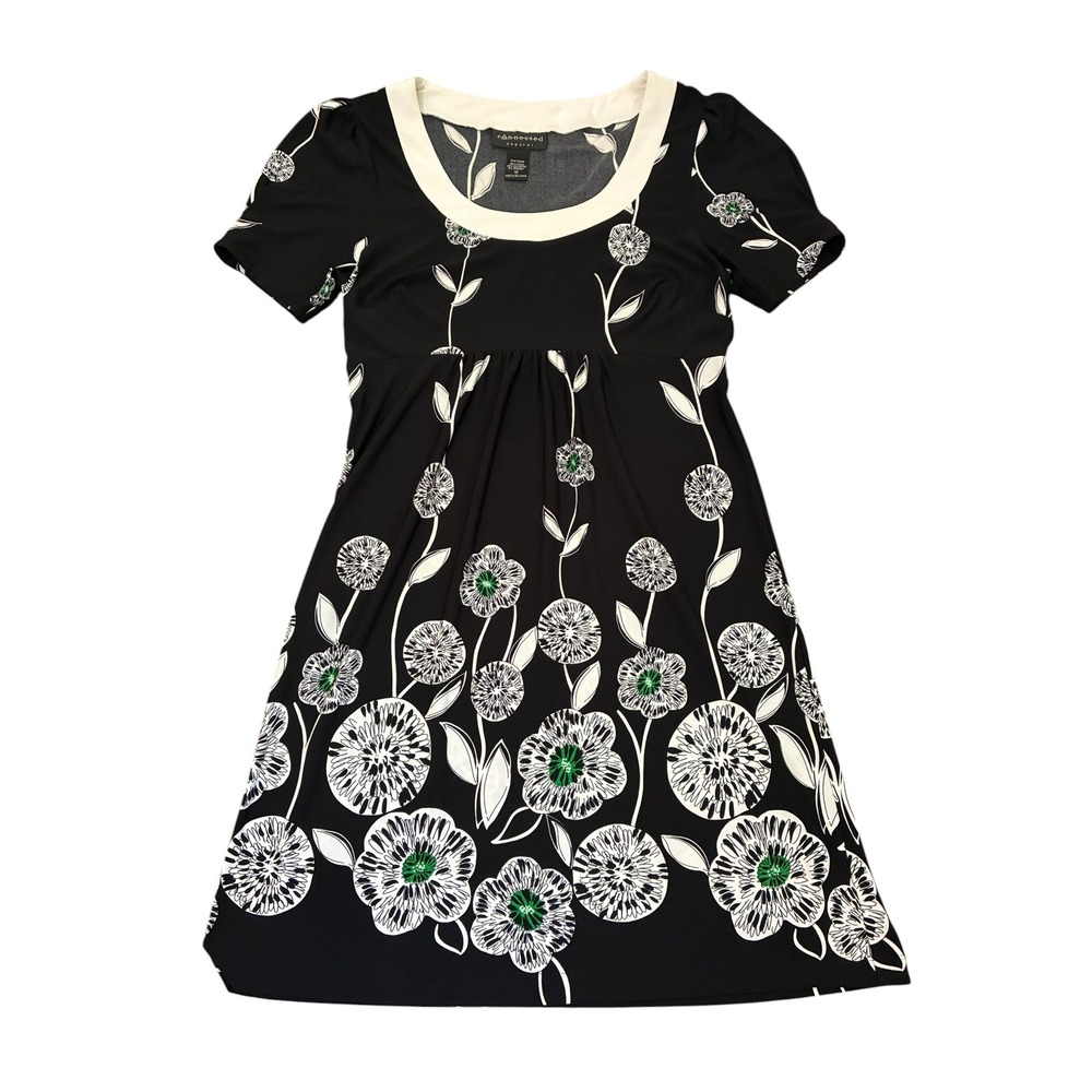Connected Apparel Black White Floral‎ Empire Waist Dress Green Accents Size 10